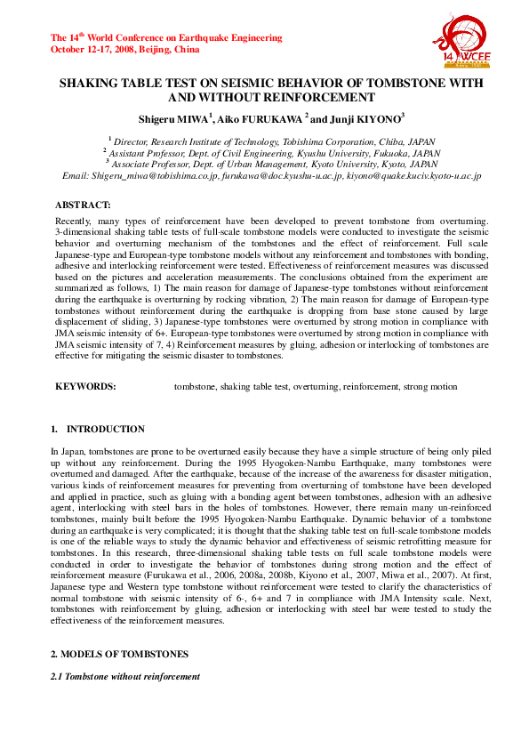 (PDF) Shaking Table Test on Seismic Behavior of Tombstone with and ...