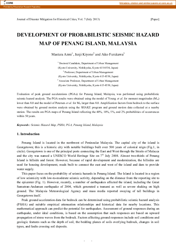(PDF) Development of Probabilistic Seismic Hazard Map of Penang Island ...