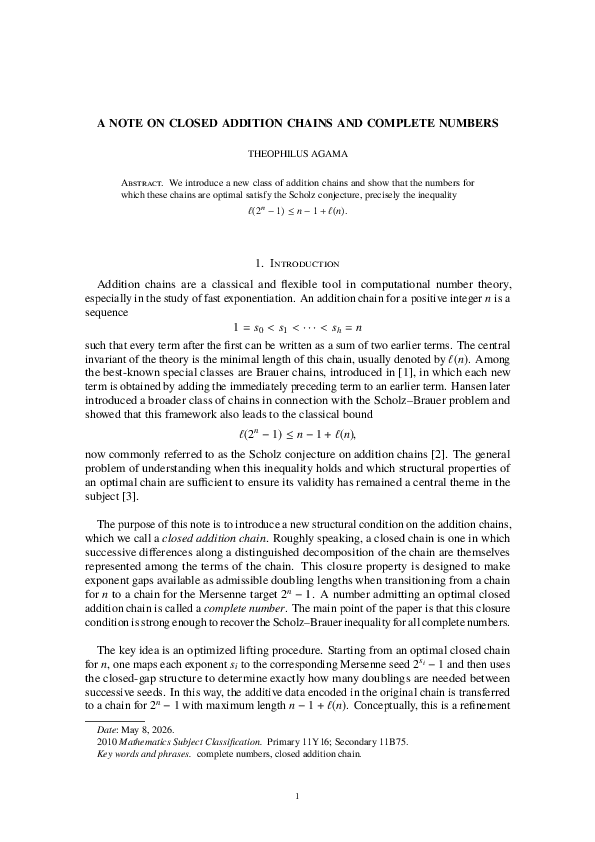 (PDF) A NOTE ON CLOSED ADDITION CHAINS AND COMPLETE NUMBERS