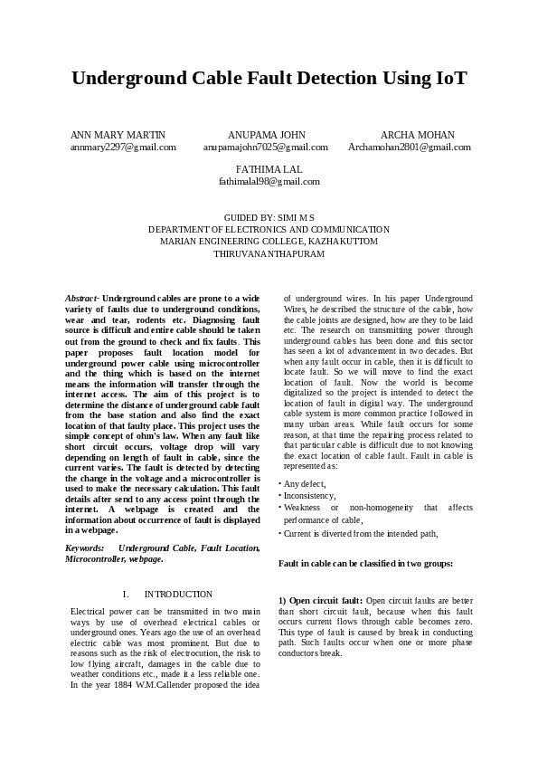 (PDF) Underground Cable Fault Detection Using IoT
