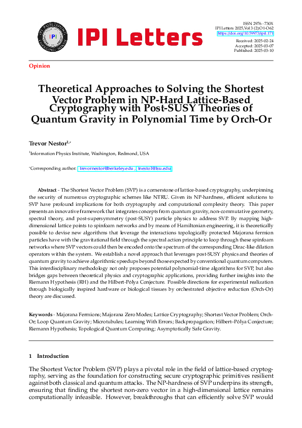 (PDF) Theoretical Approaches to Solving the Shortest Vector Problem in ...