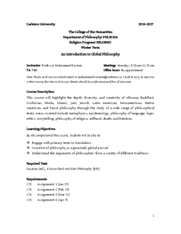 (PDF) An Introduction to Global Philosophy Syllabus (Carleton, 2027)