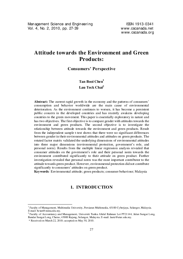 (PDF) Attitude towards the Environment and Green Products: Consumers ...