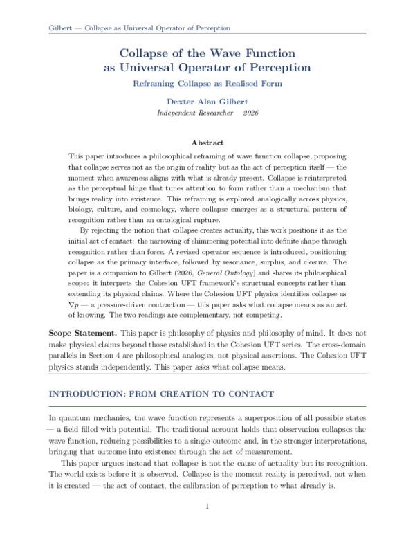 (PDF) Collapse of the Wave Function as Universal Operator of Perception