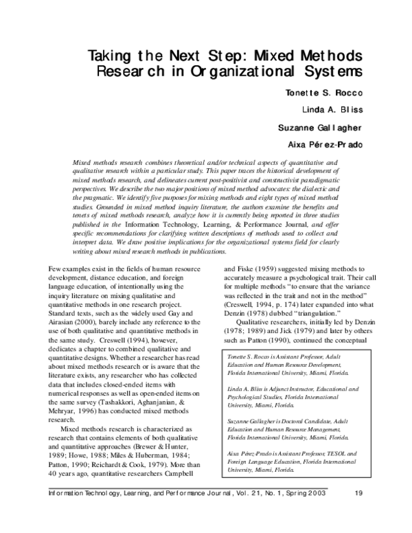(PDF) Taking the next step: Mixed methods research in organizational ...