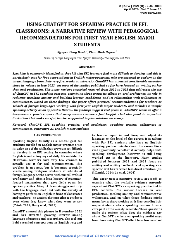 (PDF) USING CHATGPT FOR SPEAKING PRACTICE IN EFL CLASSROOMS: A ...