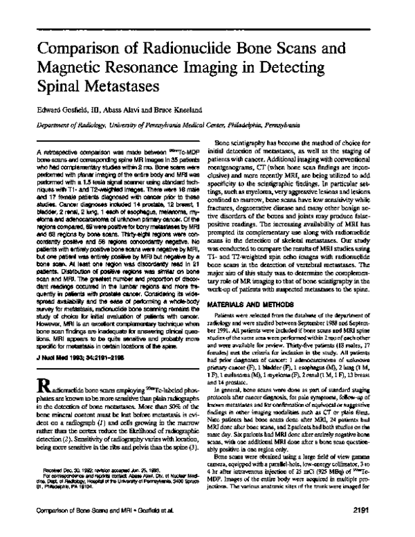 (PDF) Comparison of radionuclide bone scans and magnetic resonance ...