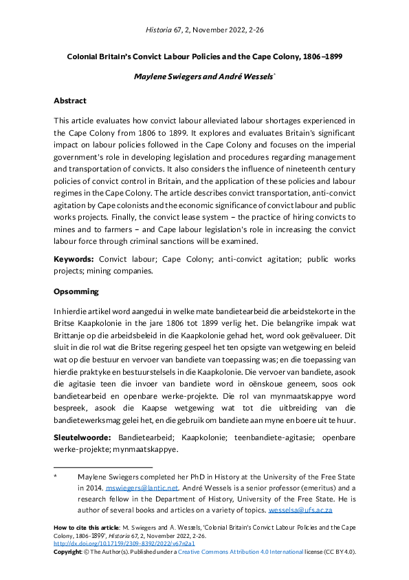 (PDF) Colonial Britain's Convict Labour Policies and the Cape Colony ...