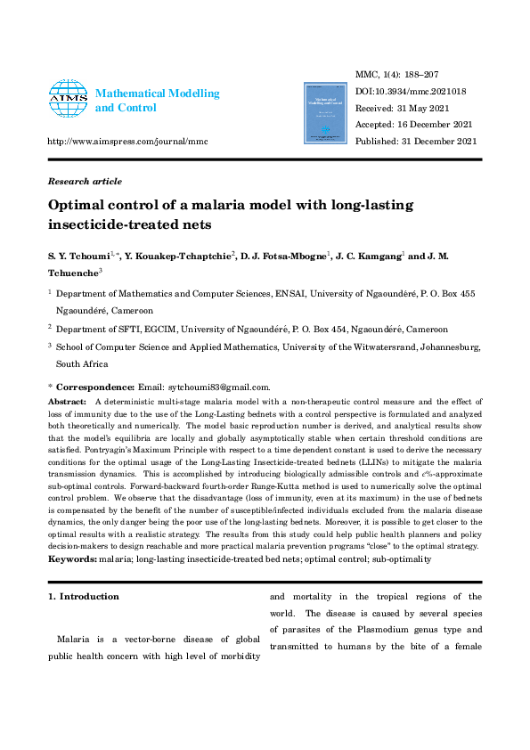 (PDF) Optimal control of a malaria model with long-lasting insecticide ...