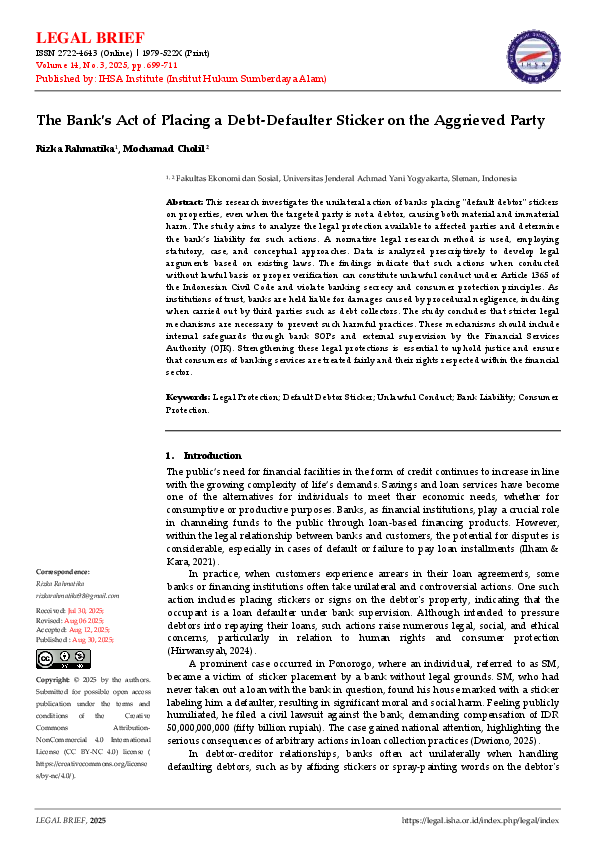 (PDF) The Bank's Act of Placing a Debt-Defaulter Sticker on the ...