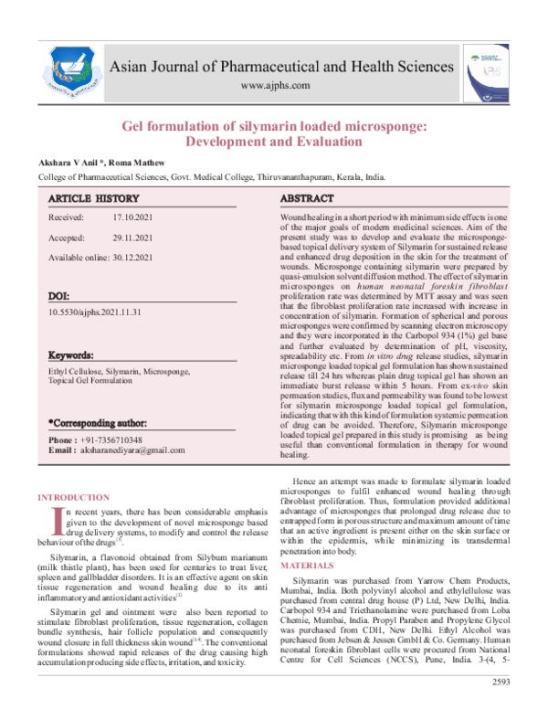 (PDF) Gel Formulation of Silymarin Loaded Microsponge: Development and ...
