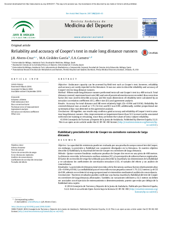 (PDF) Reliability and accuracy of Cooper's test in male long distance ...