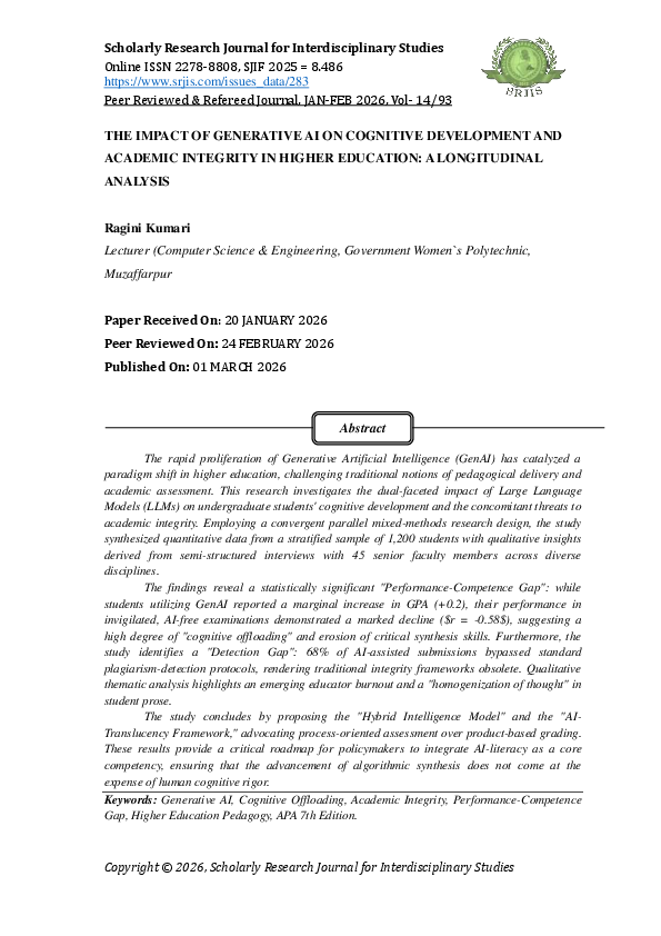 (PDF) THE IMPACT OF GENERATIVE AI ON COGNITIVE DEVELOPMENT AND ACADEMIC ...