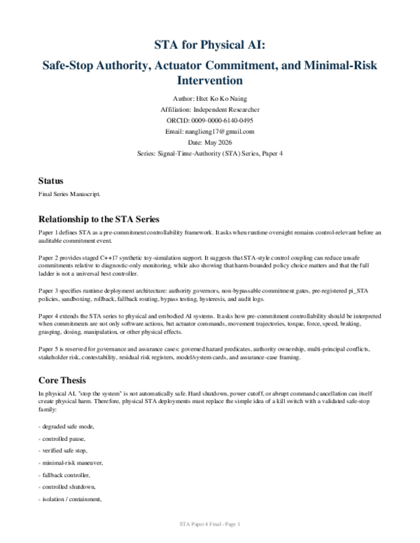 (PDF) STA for Physical AI: Safe-Stop Authority, Actuator Commitment ...