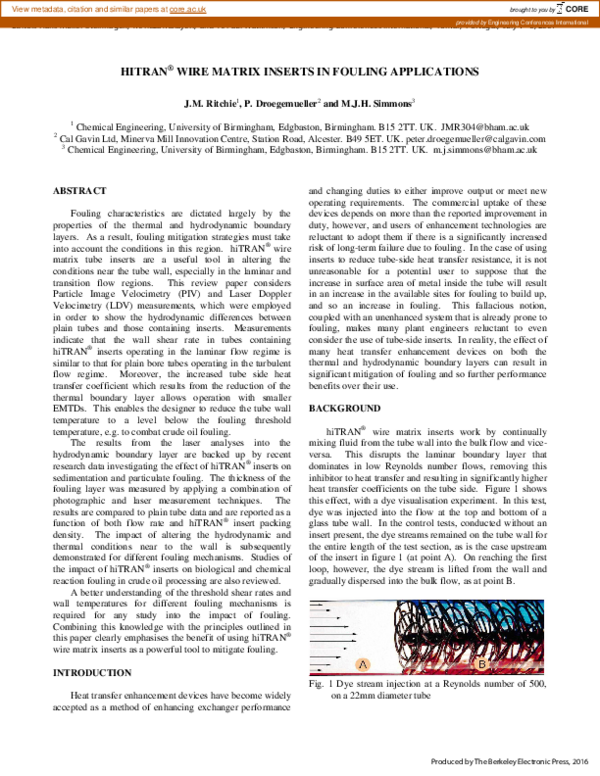 (PDF) hiTRAN® Wire Matrix Inserts in Fouling Applications