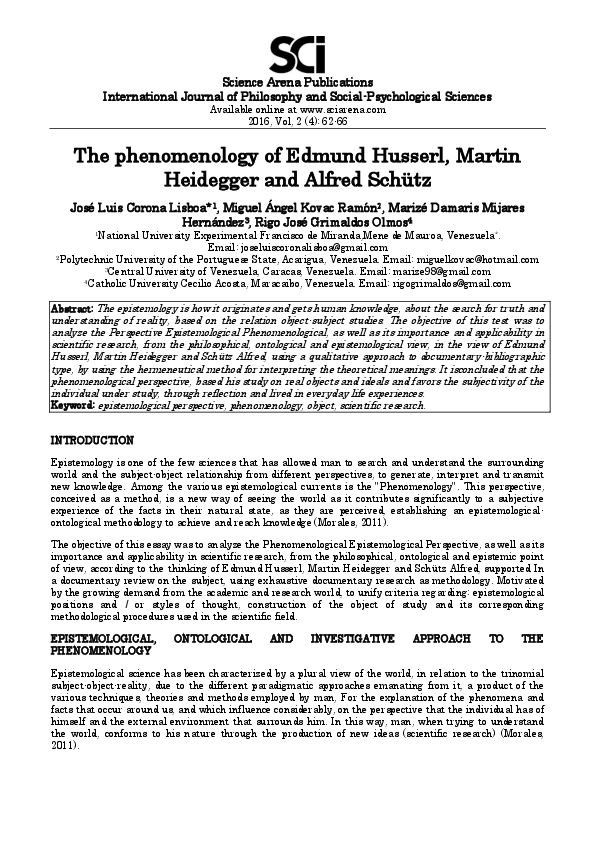 (PDF) The phenomenology of Edmund Husserl , Martin Heidegger and Alfred ...