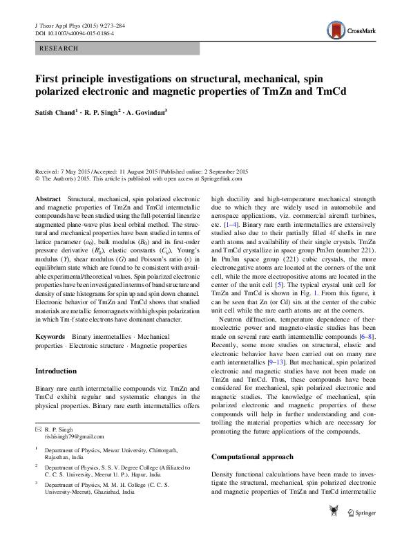 (PDF) First principle investigations on structural, mechanical, spin ...