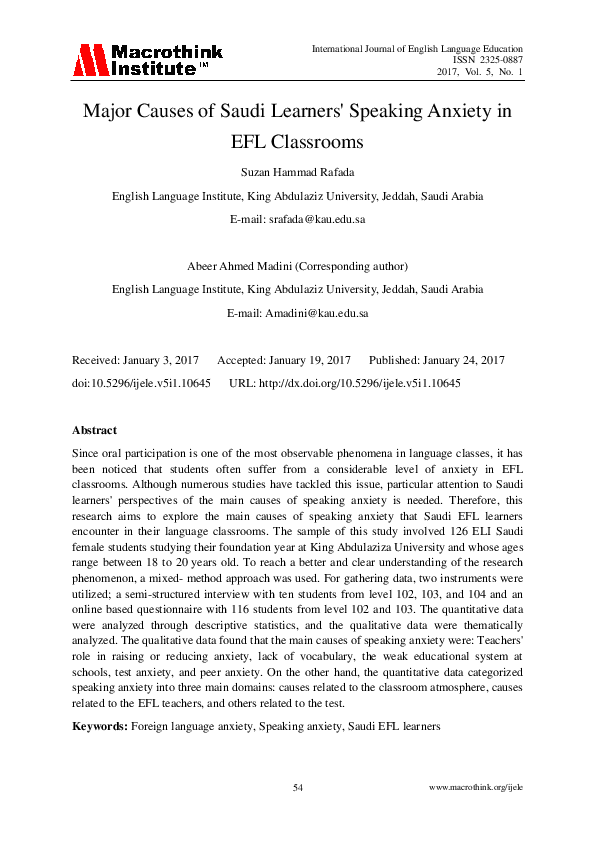 (PDF) Major Causes of Saudi Learners' Speaking Anxiety in EFL Classrooms