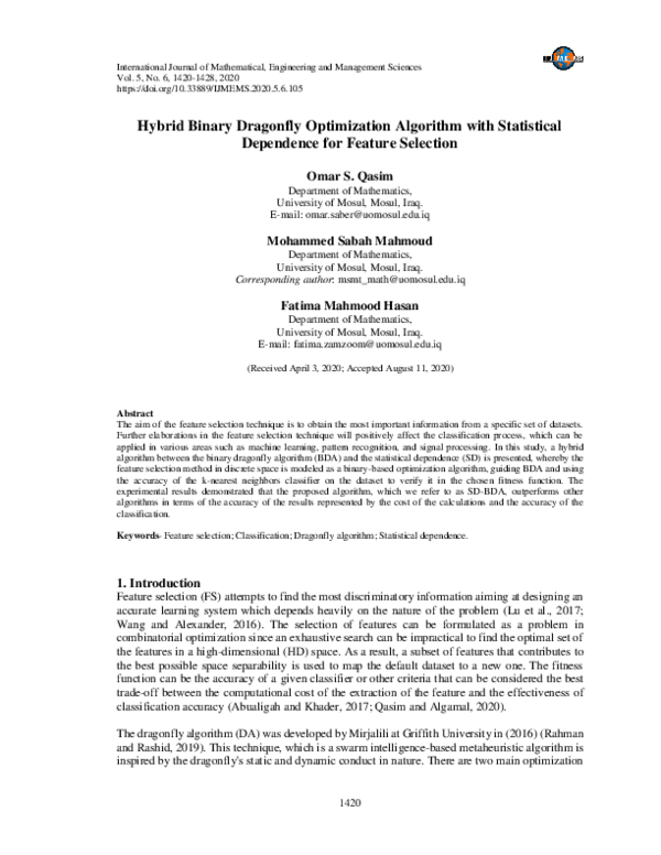 (PDF) Hybrid Binary Dragonfly Optimization Algorithm with Statistical ...