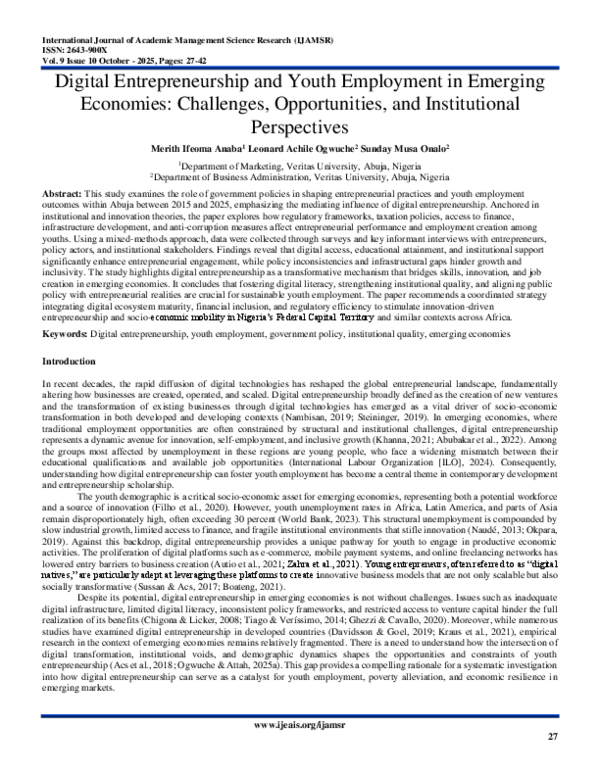 (PDF) Digital Entrepreneurship and Youth Employment in Emerging ...