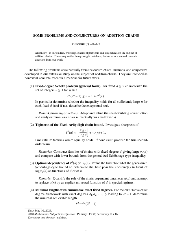 (PDF) SOME PROBLEMS AND CONJECTURES ON ADDITION CHAINS