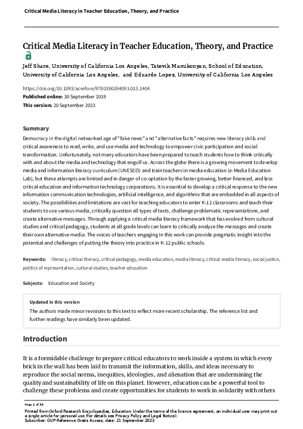 (PDF) Critical Media Literacy in Teacher Education, Theory, and Practice