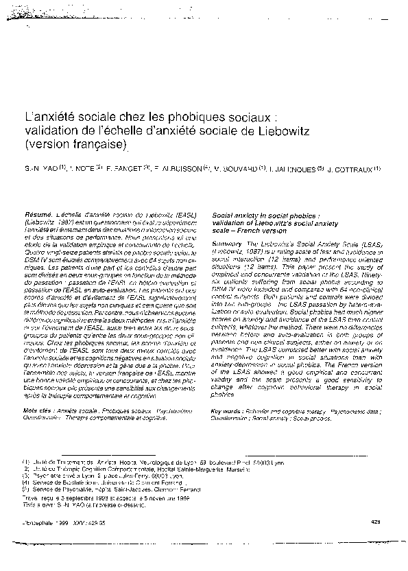 (PDF) [Social anxiety in patients with social phobia: validation of the ...