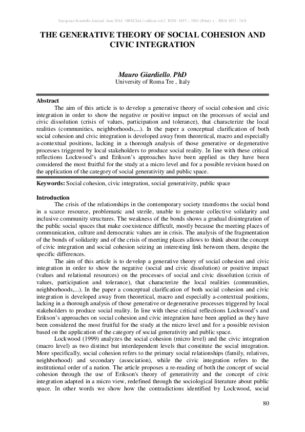 (PDF) The Generative Theory of Social Cohesion and Civic Integration