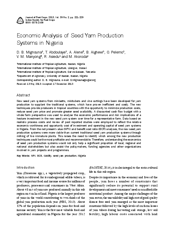 (PDF) Economic analysis of seed yam production systems in Nigeria