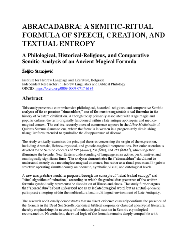 (PDF) ABRACADABRA: A SEMITIC-RITUAL FORMULA OF SPEECH, CREATION, AND ...