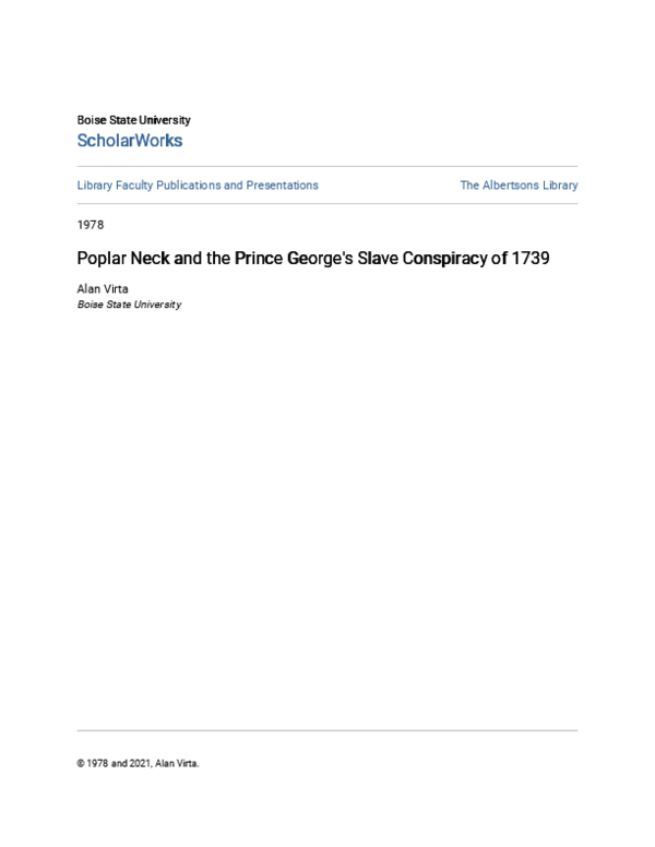 (PDF) Poplar Neck and the Prince George’s Slave Conspiracy of 1739