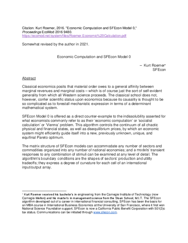 First page of “Economic Computation and SFEcon Model 0”