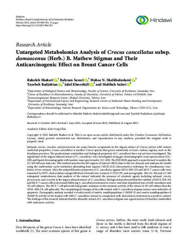 (PDF) Untargeted Metabolomics Analysis of Crocus cancellatus subsp ...