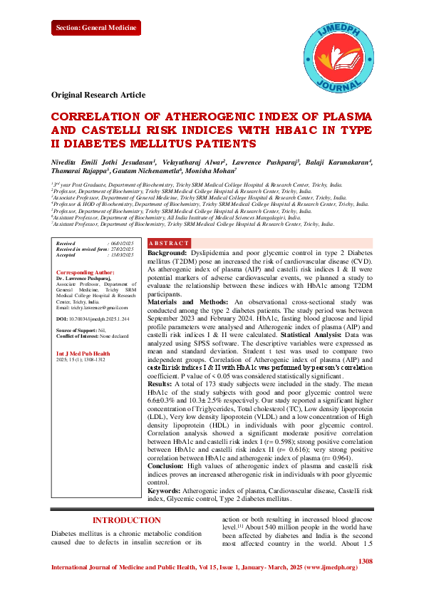 (PDF) CORRELATION OF ATHEROGENIC INDEX OF PLASMA AND CASTELLI RISK ...