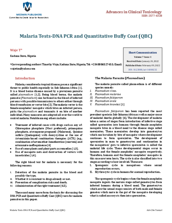 (PDF) Malaria Tests-DNA PCR and Quantitative Buffy Coat (QBC)