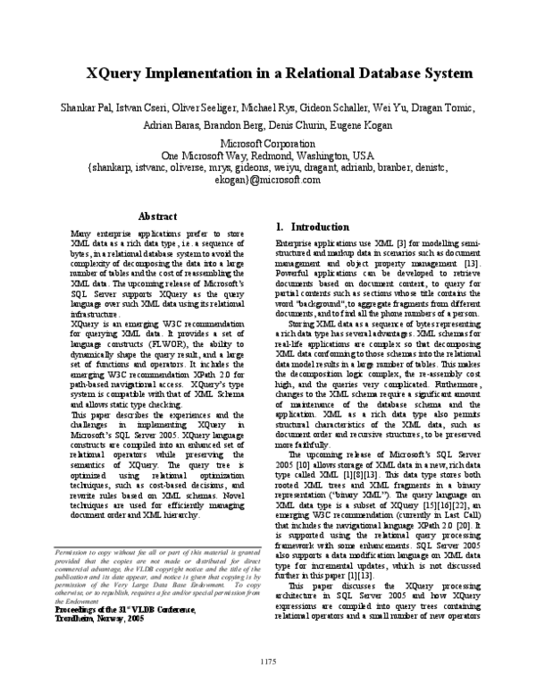 (PDF) XQuery implementation in a relational database system