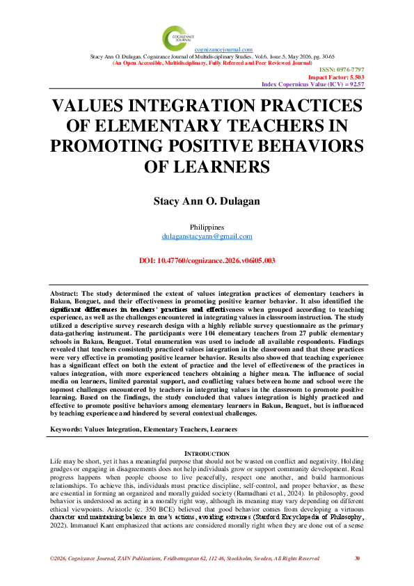 (PDF) VALUES INTEGRATION PRACTICES OF ELEMENTARY TEACHERS IN PROMOTING ...