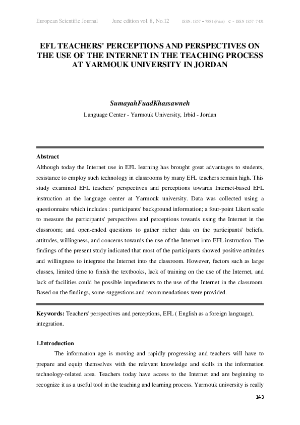 (PDF) EFL Teachers' Perceptions and Perspectives on the Use of the ...