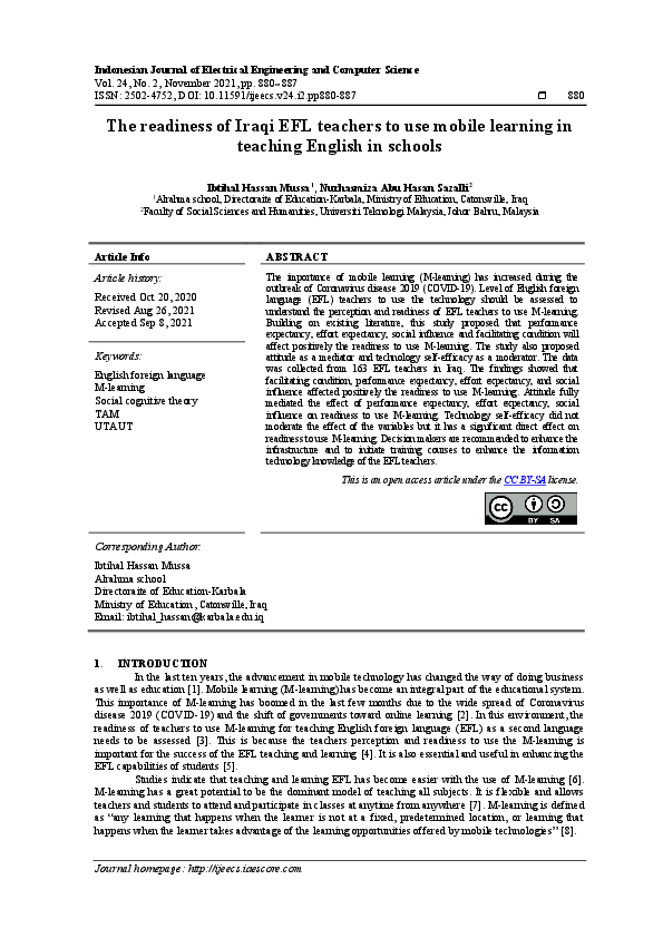 (PDF) The readiness of Iraqi EFL teachers to use mobile learning in ...