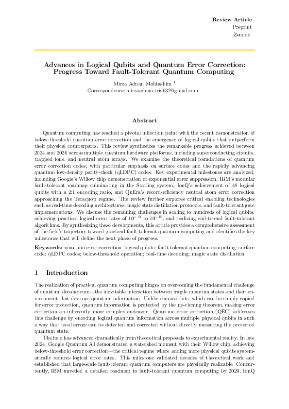 (PDF) Advances in Logical Qubits and Quantum Error Correction: Progress ...
