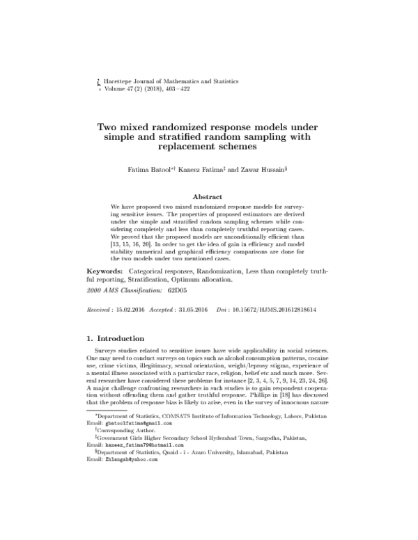 (PDF) Two mixed randomized response models under simple and stratied ...