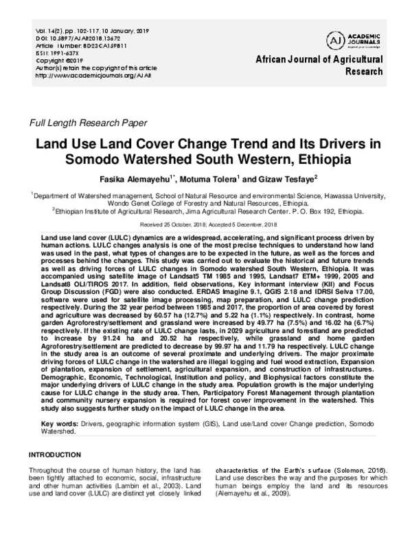 (PDF) Land Use Land Cover Change Trend and Its Drivers in Somodo ...
