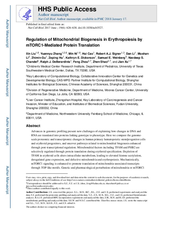 (PDF) Regulation of Mitochondrial Biogenesis in Erythropoiesis by ...