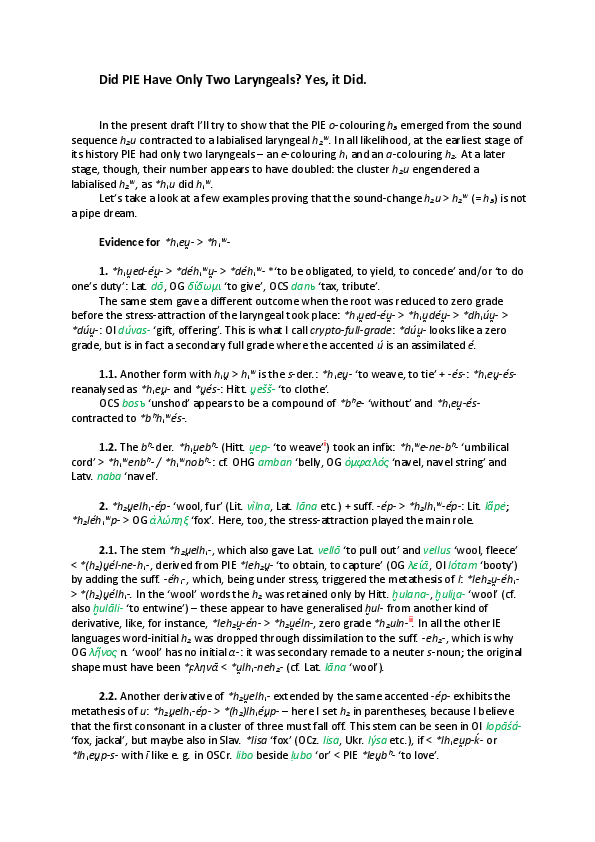 (PDF) Did PIE Have Only Two Laryngeals? Yes, it Did.