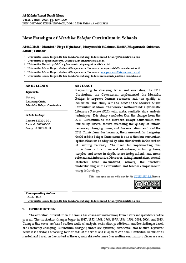 (PDF) New Paradigm of Merdeka Belajar Curriculum in Schools
