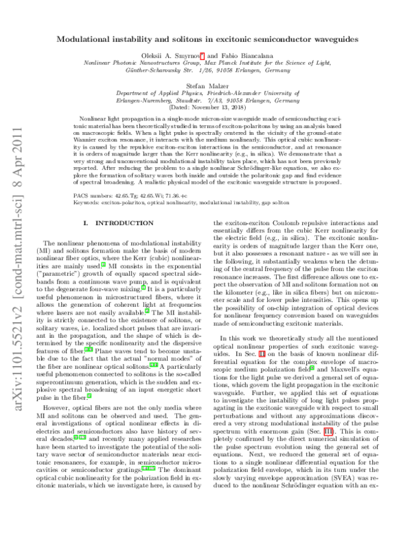 (PDF) Modulational instability and solitons in excitonic semiconductor ...