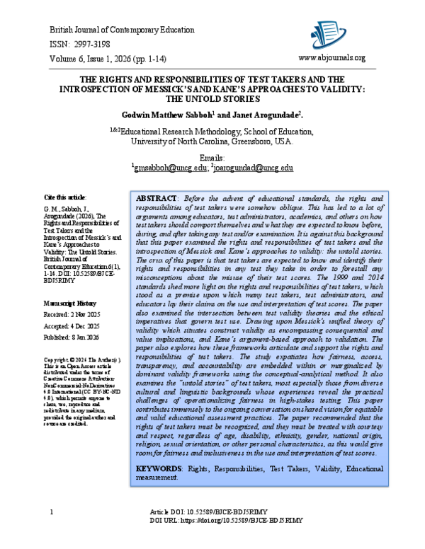 (PDF) THE RIGHTS AND RESPONSIBILITIES OF TEST TAKERS AND THE ...