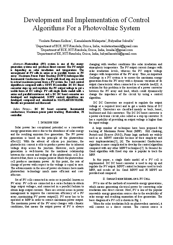 (PDF) Development and implementation of control algorithms for a ...