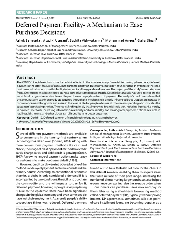 (PDF) Deferred Payment Facility- A Mechanism to Ease Purchase Decisions