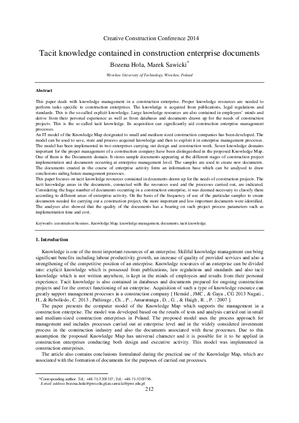 (PDF) Tacit Knowledge Contained in Construction Enterprise Documents